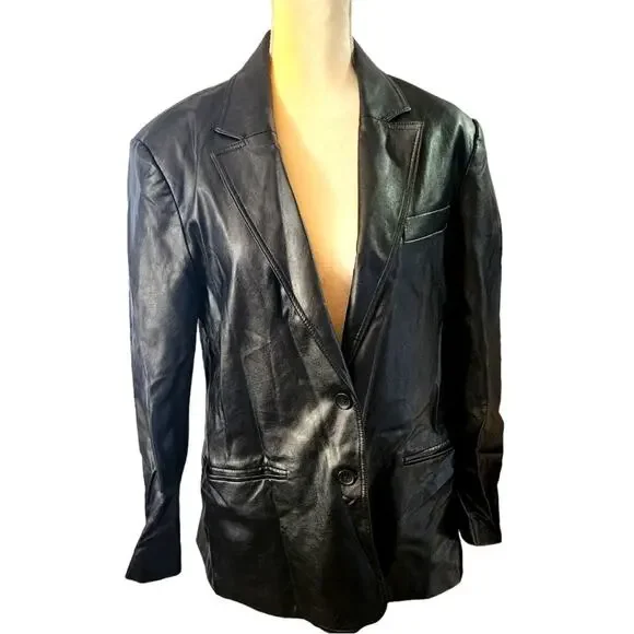 Zara Women's Black Oversized Faux Leather 2 Button Blazer Jacket Size Medium - Picture 2 of 7
